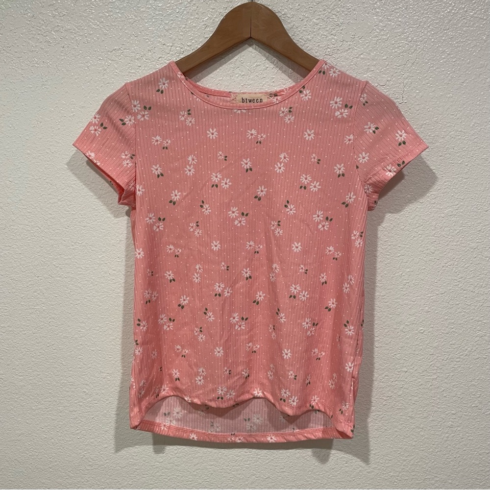 Kids Btween Girls Pink White Daisy Floral Ribbed Short Sleeve T-Shirt XL 14